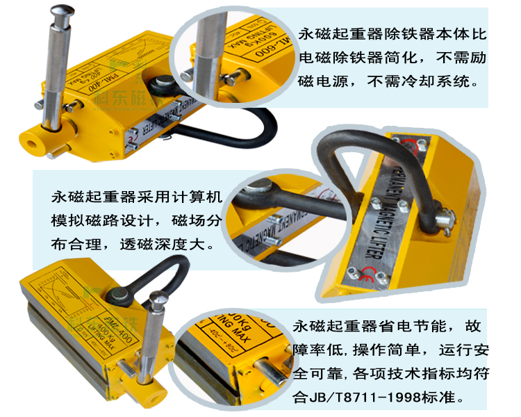 永磁起重器由高性能釹鐵硼永久磁性材料組成強磁系統(tǒng)，通過手柄的轉動，改變強磁系統(tǒng)磁力達到對工件的吸持和釋放。
