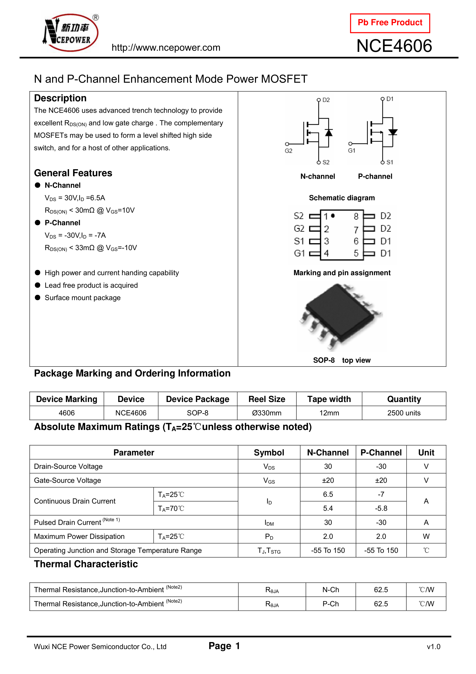 nce4606引脚图及功能表,4606应用电路图 nce4606 30v7a p n mos管 用于无线充 现货供应