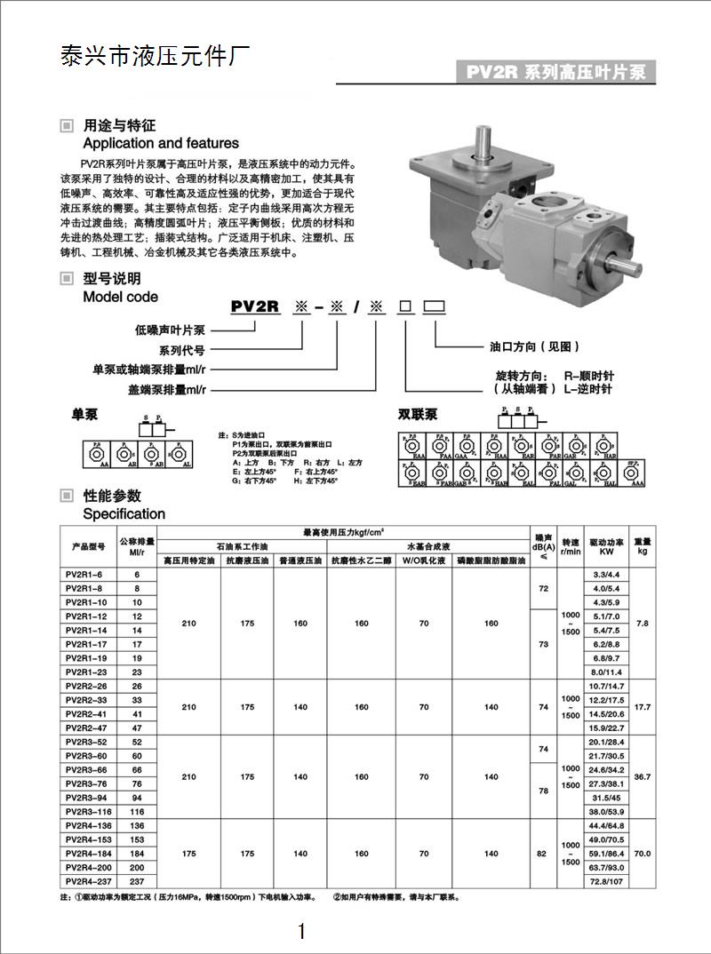 产品信息 泵类 齿轮油泵 pv2r1-6-pv2r4-237高压叶片泵