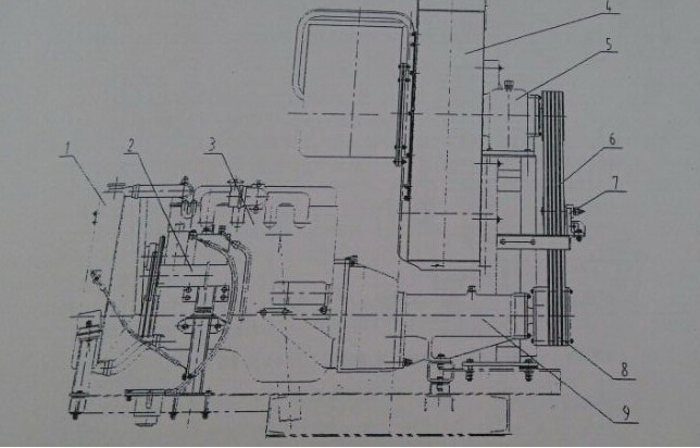 2,液壓泵 3,副發動機 4,風機 5,風機軸承座 6,窄v帶 7,皮帶張 