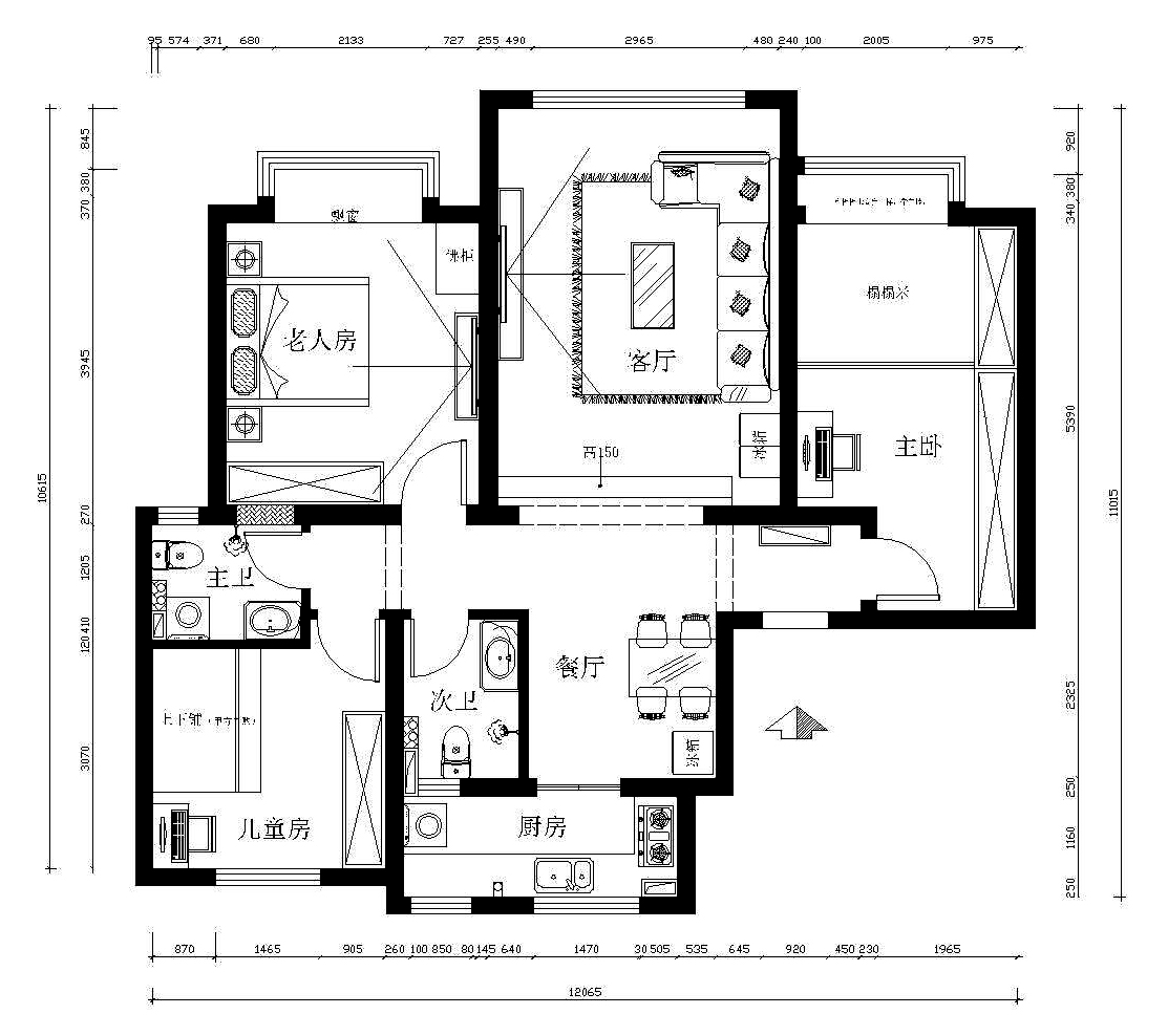 福顺尚景124平三室两厅两卫户型装修平面布置图-哈尔滨实创装饰地址