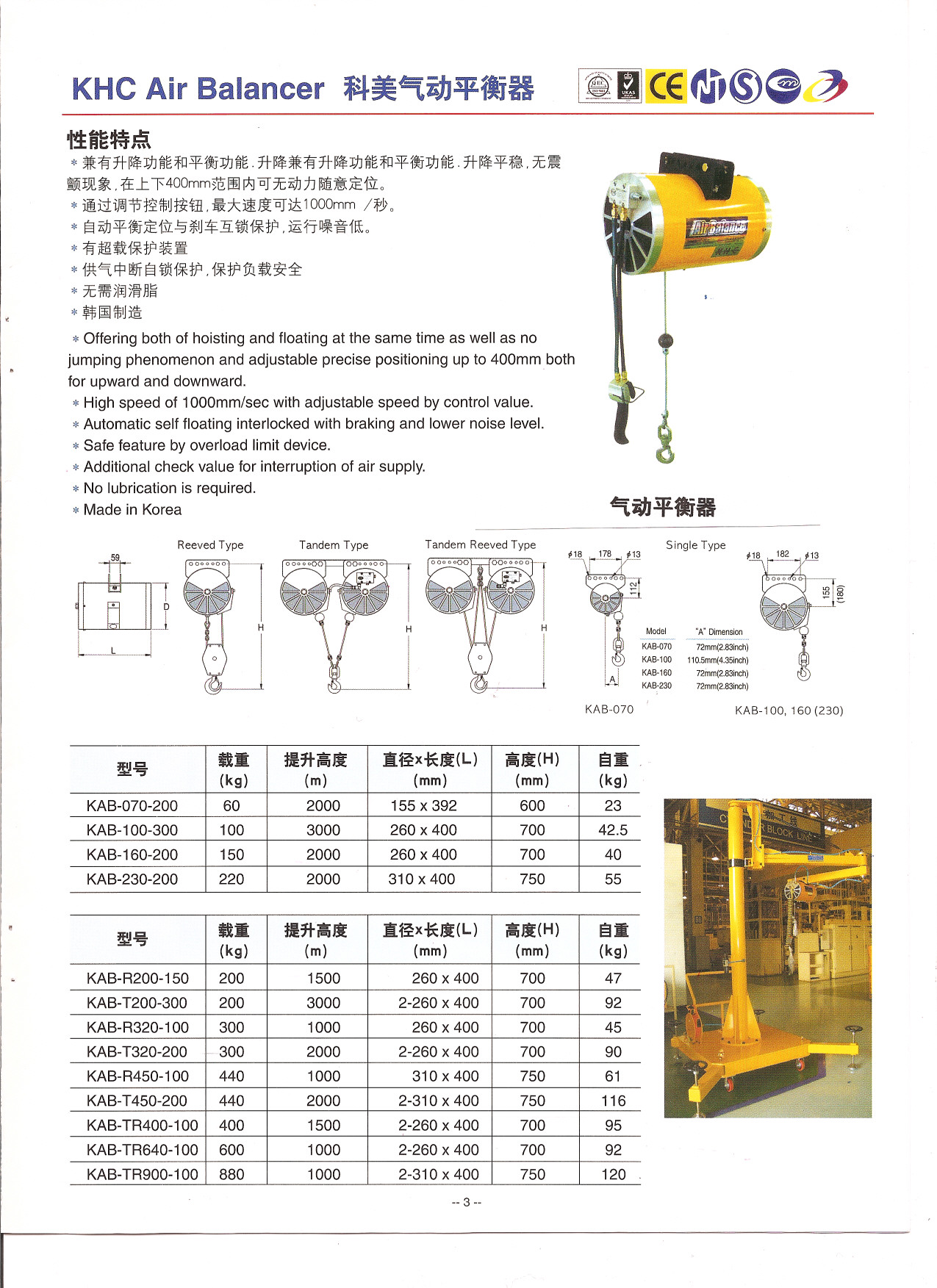 韩国khc品牌kab-100-300气动平衡吊 100kg气动平衡_特种设备栏目_机电